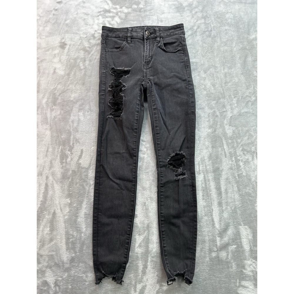 American Eagle Jeans Womens Sz 0 Reg Black Hi Rise Jegging Stretch Distressed